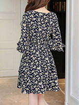 Casual Bell Sleeve Round Neck Tiny Floral Printed Chiffon Skater Dress
