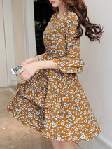 Casual Bell Sleeve Round Neck Tiny Floral Printed Chiffon Skater Dress