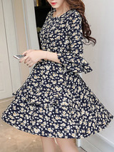 Casual Bell Sleeve Round Neck Tiny Floral Printed Chiffon Skater Dress