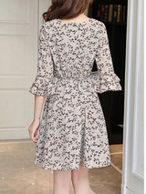 Casual Bell Sleeve Round Neck Tiny Floral Printed Chiffon Skater Dress