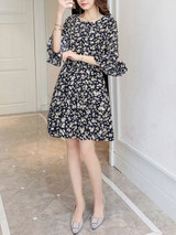 Casual Bell Sleeve Round Neck Tiny Floral Printed Chiffon Skater Dress