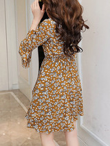 Casual Bell Sleeve Round Neck Tiny Floral Printed Chiffon Skater Dress