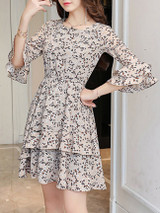 Casual Bell Sleeve Round Neck Tiny Floral Printed Chiffon Skater Dress