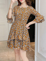 Casual Bell Sleeve Round Neck Tiny Floral Printed Chiffon Skater Dress