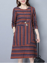 Casual Round Neck Pocket Skater Dress In Asymmetric Stripe
