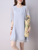 Casual Round Neck Plain Shift Dress With Half Sleeve