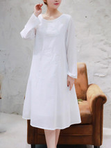 Casual Round Neck Embroidery Plain Shift Dress