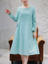 Casual Round Neck Embroidery Plain Shift Dress