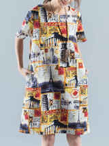 Casual Pocket Printed Round Neck Shift Dress