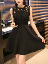 Casual Patchwork Hollow Out Plain Exquisite Skater Dress