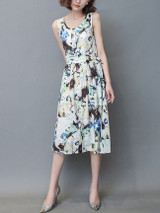 Casual Round Neck Drawstring Printed Sleeveless Skater Dress