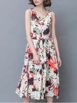 Casual Round Neck Drawstring Printed Sleeveless Skater Dress