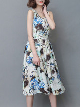 Casual Round Neck Drawstring Printed Sleeveless Skater Dress