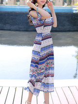 Casual Flowy Open Shoulder Printed Striped Maxi Dress