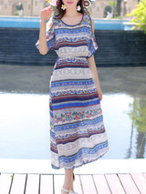 Casual Flowy Open Shoulder Printed Striped Maxi Dress