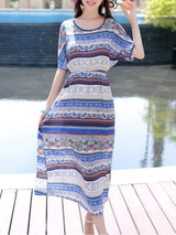 Casual Flowy Open Shoulder Printed Striped Maxi Dress