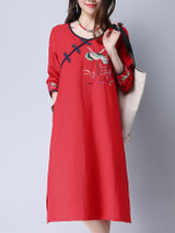 Casual Round Neck Embroidery Plain Blend Shift Dress