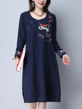 Casual Round Neck Embroidery Plain Blend Shift Dress