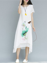 Casual Asymmetric Hem Printed Round Neck Maxi Dress