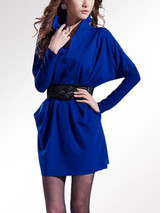 Casual Lapel Belt Plain Batwing Sleeve Bodycon Dress