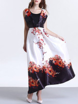Casual Exquisite Round Neck Floral Printed Sleeveless Swing Maxi Dress