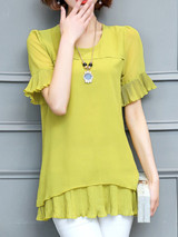 Casual Round Neck Plain Pleated-Hem Bell Sleeve Blouse