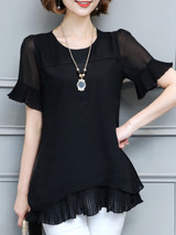 Casual Round Neck Plain Pleated-Hem Bell Sleeve Blouse