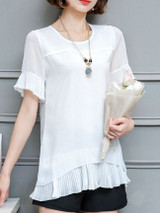 Casual Round Neck Plain Pleated-Hem Bell Sleeve Blouse