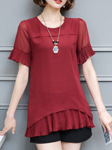 Casual Round Neck Plain Pleated-Hem Bell Sleeve Blouse