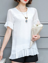 Casual Round Neck Plain Pleated-Hem Bell Sleeve Blouse