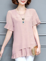 Casual Round Neck Plain Pleated-Hem Bell Sleeve Blouse