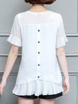 Casual Round Neck Plain Pleated-Hem Bell Sleeve Blouse