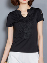 Casual Split Neck Decorative Lace Hollow Out Plain Blouse Casual Split Neck Decorative Lace Hollow Out Plain Blouse