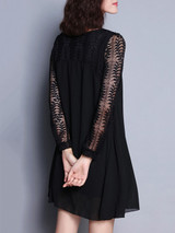 Casual Hollow Out Plain Round Neck Patchwork Chiffon Shift Dress