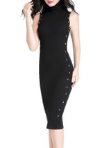 Casual High Neck Decorative Button Solid Midi Bodycon Dress In Black Casual High Neck Decorative Button Solid Midi Bodycon Dress In Black