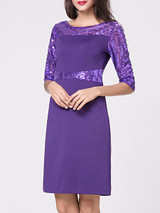 Casual Boat Neck Glitter Patchwork Plain Split Bodycon Dress