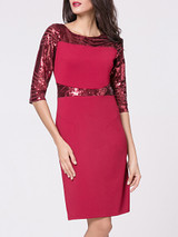 Casual Boat Neck Glitter Patchwork Plain Split Bodycon Dress