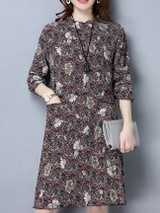 Casual Floral Printed Crew Neck Patch Pocket Pleated Shift Dress