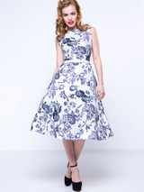 Casual Boat Neck Belt Floral Printed Fabulous Skater Dress