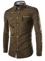 Casual Plain Zip Decorative Buttons Small Lapel Shirt