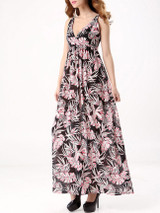 Casual Deep V-Neck Backless Leaf Printed Chiffon Plus Size Maxi Dress