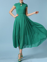 Casual Band Collar Keyhole Plain Chiffon Plus Size Maxi Dress