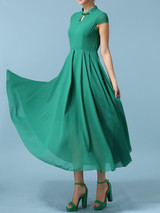 Casual Band Collar Keyhole Plain Chiffon Plus Size Maxi Dress