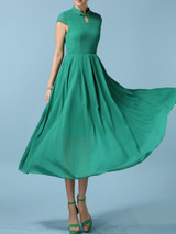 Casual Band Collar Keyhole Plain Chiffon Plus Size Maxi Dress