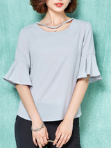 Casual Round Neck Cutout Plain Bell Sleeve Blouse