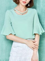 Casual Round Neck Cutout Plain Bell Sleeve Blouse