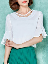 Casual Round Neck Cutout Plain Bell Sleeve Blouse