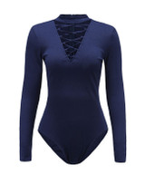 Casual Band Collar Lace-Up Hollow Out Plain Bodysuit