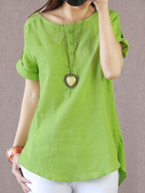 Casual Round Neck  Patch Pocket  Plain Blouse