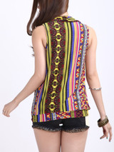 Casual V-Neck Tribal Printed Vertical Striped Sleeveless T-Shirt